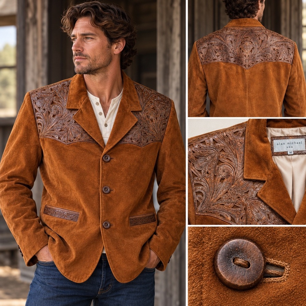 Vintage‎ Alan Michael Suede Leather Western Blazer Tooled Leather Jacket Brown M